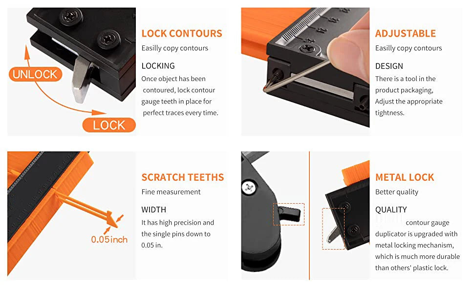 Super Gauge - Adjustable Lock Contour Gauge. Profile Duplicator Alloy Edge Shaping Tool for Wood. Measure Ruler Laminate Tiles